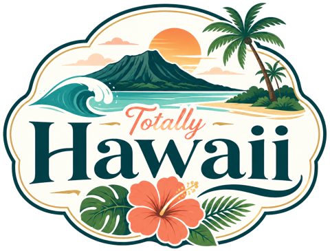 Totally Hawaii — wave, mountain and sun badge logo